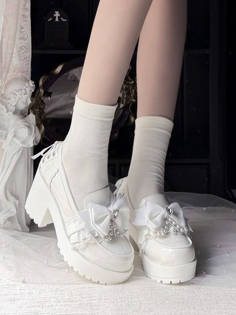 White Kawaii Shoes with Bow, Lace & Heart Crystal Detail - Sarina