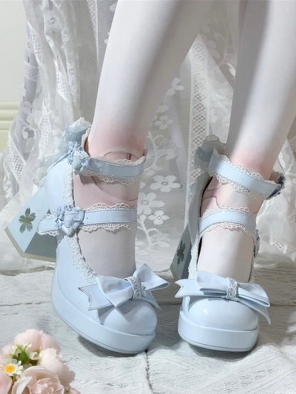 with Design Romantic Clasp in High Heels PU Openwork Lolita Sweet Floral Block Blue Heel