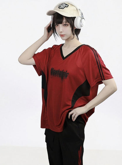 Athletic Red & Black V-Neck Tee with Letter Graphic