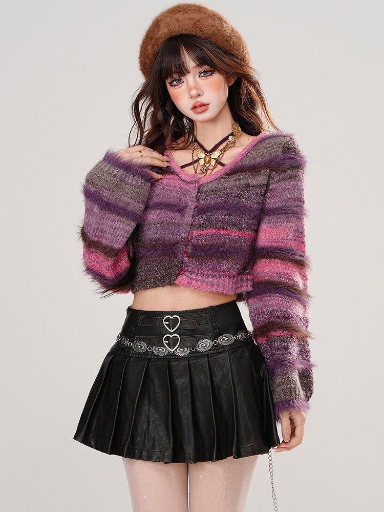 Purple Tie Dye Striped Cropped Halter Neck Cardigan