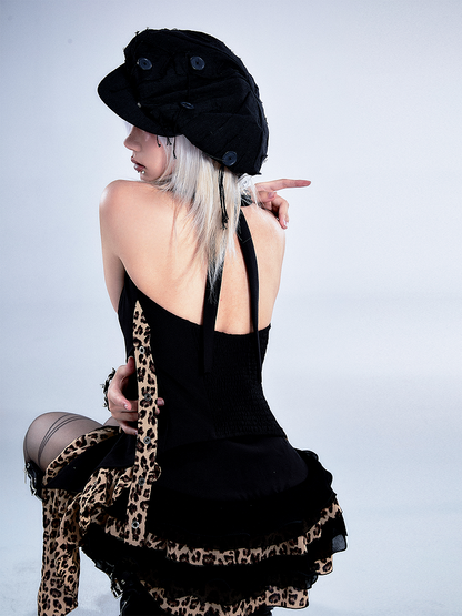 Hem Black Print Asymmetrical with Leopard Top Halter Ruffled Neck Vintage