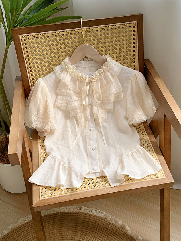 Sleeves Puff Ruffle Comfortable Short Breathable and Neckline Beige Shirt