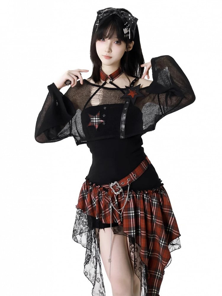 Coverup Schwarz/Grau Stern Distressed Löcher Punk Rock Strap Hohl-Out Cropped