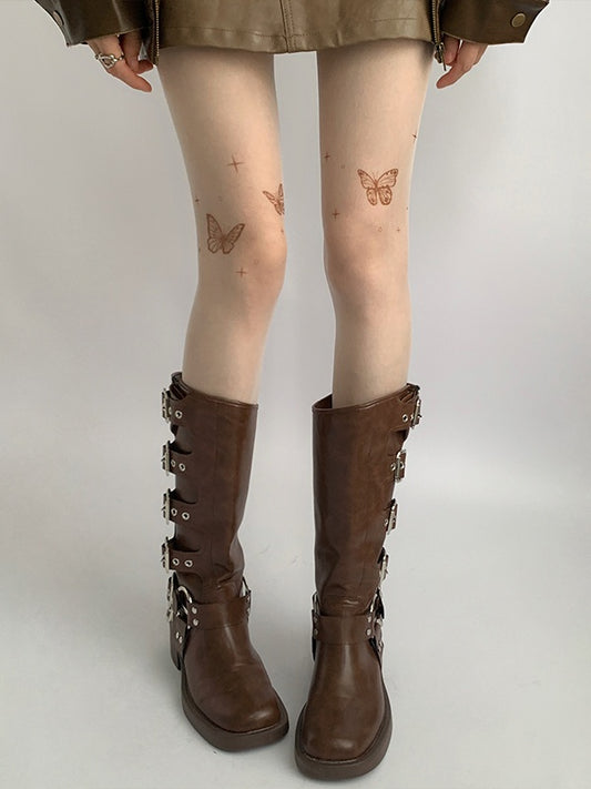 Print Tattoo Semi-Sheer Butterfly White/Nude Tights