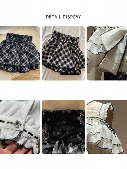 Two-Tone Checkered Waist Lace-Embellished Skirt - YoshiKi