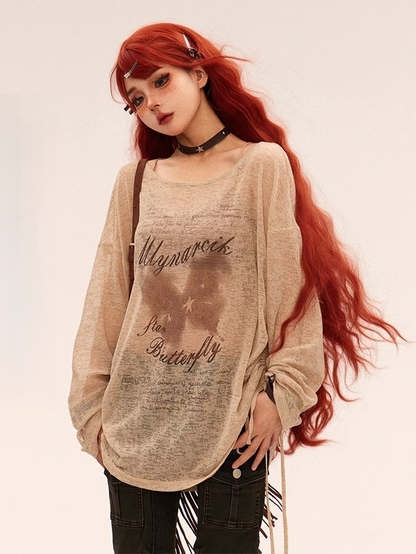 Neck Semi-sheer Vintage Butterfly Print Khaki Round Coverup