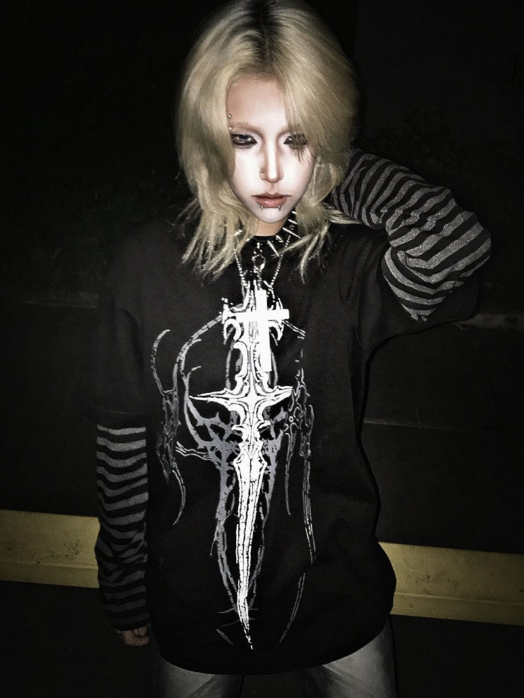 in with Faux Sigil Black Striped Gothic Sleeves Two-Piece Dark Style Top