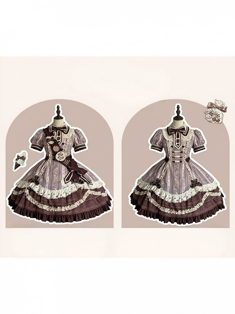 Chocolate Short Sleeve Lolita OP Dress with Lace - Lineall Cat