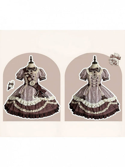 Chocolate Short Sleeve Lolita OP Dress with Lace - Lineall Cat