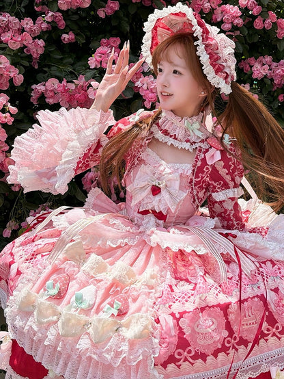 Printed Sweet Lolita Bonnet with Bows and Lace Trim - Ball Lolita