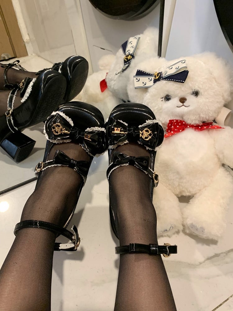 5 Colors Silk Shimmer Lolita Shoes 5cm Heel with Lace Trim Bow and Gold Key Details - Guligul