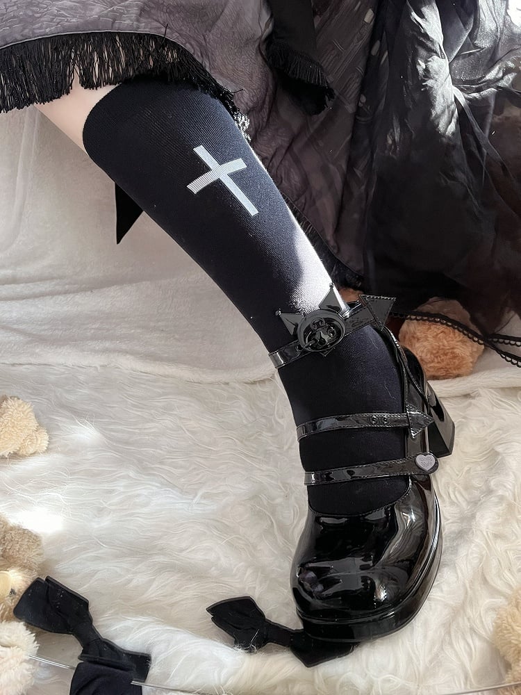 Calf Socks White/Black Print Cross Lolita