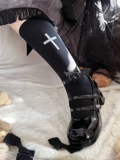 Calf Socks White/Black Print Cross Lolita