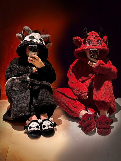 Gothic Pants Pajama with Winter Plush Nightgown Set Red Devil