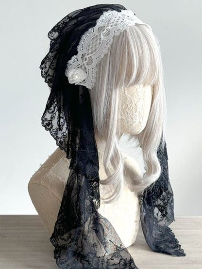 Lace Gothic Hairband with Embellishment and Veil Flower Black