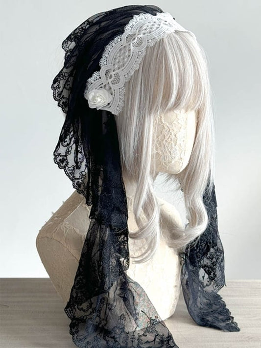 Lace Gothic Hairband with Embellishment and Veil Flower Black