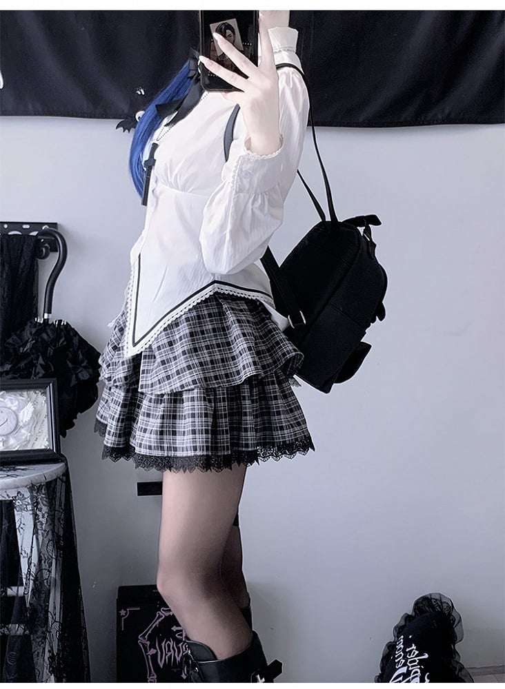 Schwarz-weißes Gothic-Set: Weißes Hemd + karierter Rock + spitzer, flacher Kragen, kurzer Blazer + Fliege