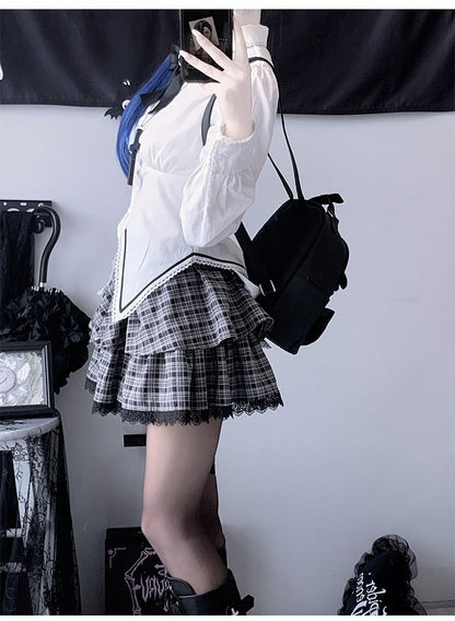 Schwarz-weißes Gothic-Set: Weißes Hemd + karierter Rock + spitzer, flacher Kragen, kurzer Blazer + Fliege