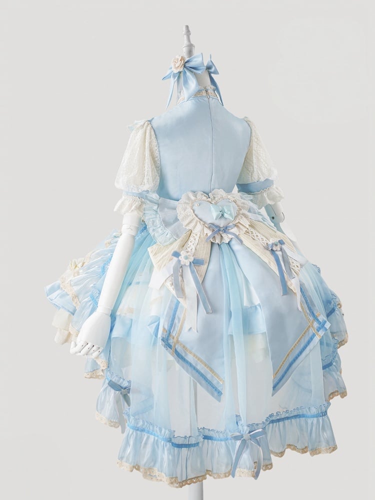 Kleid Taille Tiered Rüschen Lolita Blau Dekoration Bowknot Hohe Süße Rock