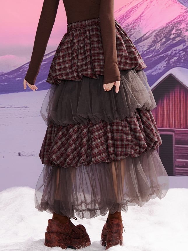 Grey Purple Plaid Patchwork Tiered Tulle Bubble Skirt