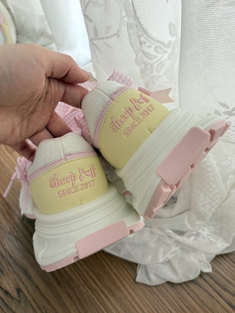 in Platform Pink Lolita Design Bow Plaid Lace-up Star Sweet Details Sneakers Yellow And