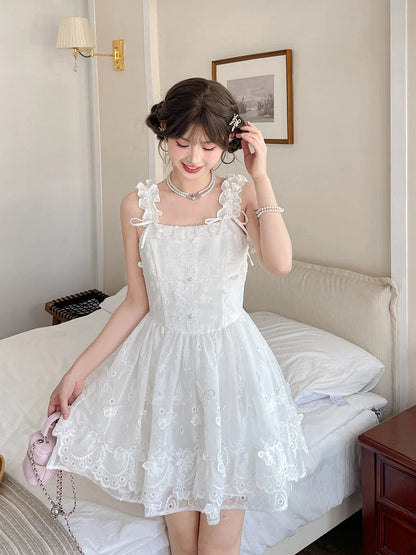Sleeveless Dress Embellished Sweet White Ruffled Square Neckline Butterfly