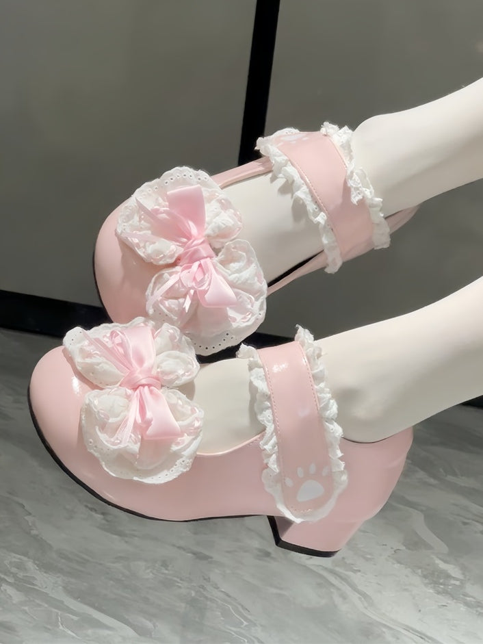 Round Sweet Accent Trim Toe with Heels Low/Mid Lolita - Pink Detachable Bow Lace