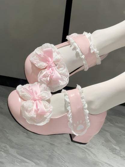 Round Sweet Accent Trim Toe with Heels Low/Mid Lolita - Pink Detachable Bow Lace