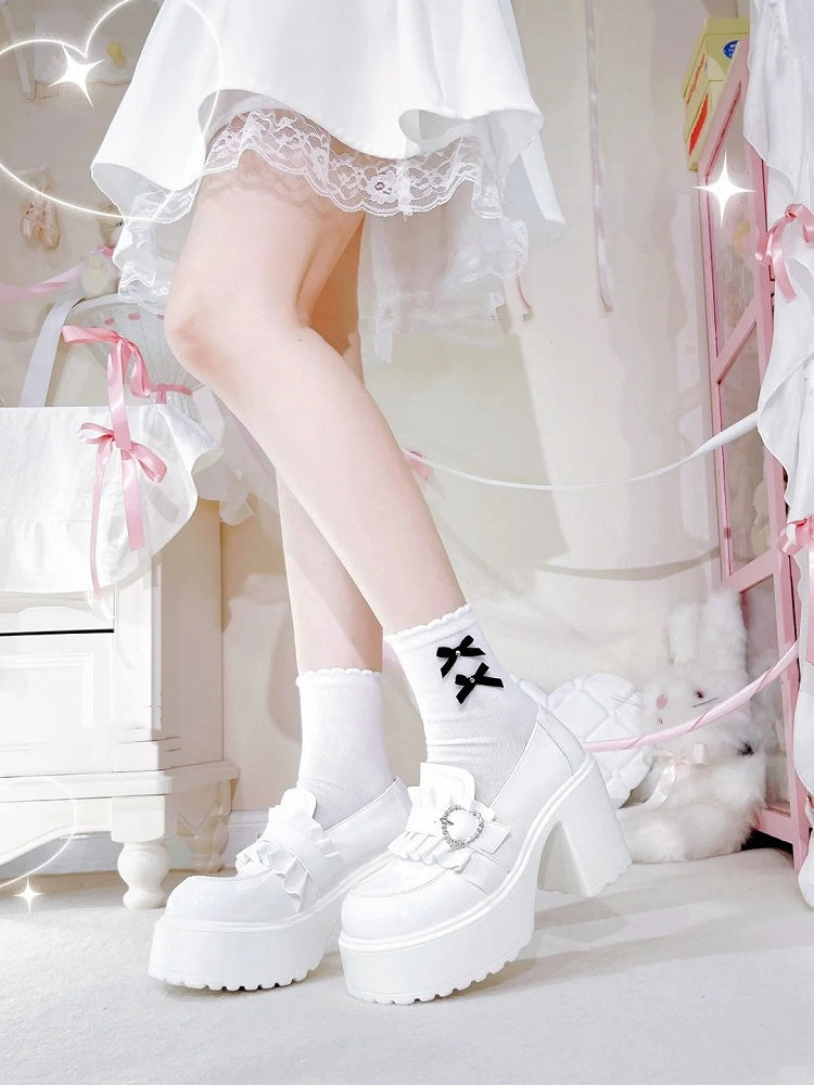 with Beaded Kei White Sweetheart 9.5cm Jirai Shoes Heel Chunky Loafers Platform