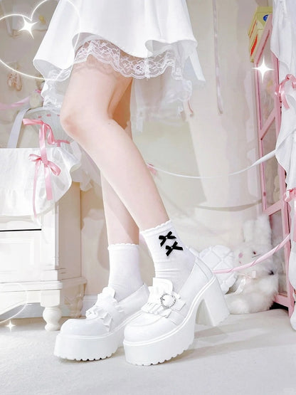 with Beaded Kei White Sweetheart 9.5cm Jirai Shoes Heel Chunky Loafers Platform