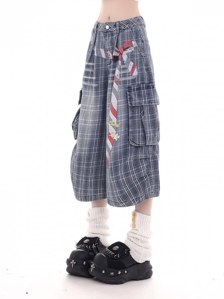 Blue Plaid Denim Wide Leg Cropped Pants with Belt Print - KNOW8 Online Shop