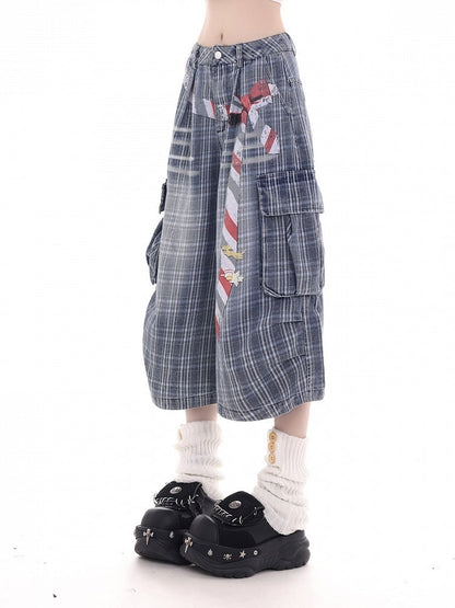 Blue Plaid Denim Wide Leg Cropped Pants with Belt Print - KNOW8 Online Shop