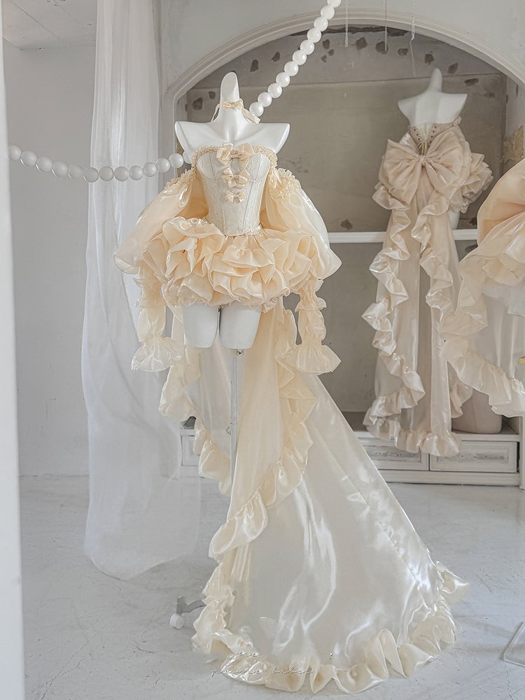 Set Balletcore + Full Top Train Big Bow Sleeves Skirt Corset Gold Lace-up