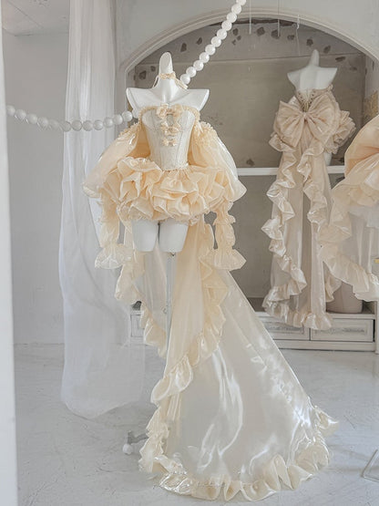 Set Balletcore + Full Top Train Big Bow Sleeves Skirt Corset Gold Lace-up