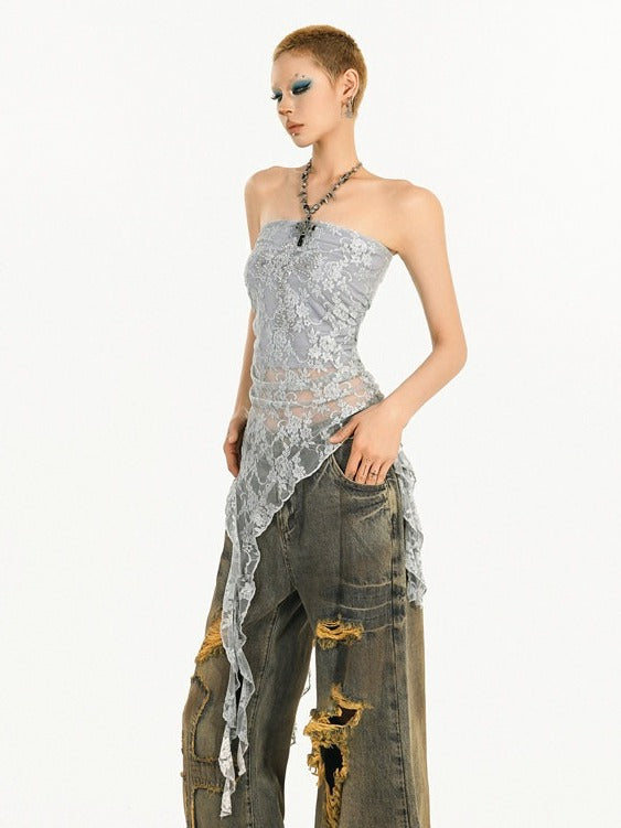 Y2K Cross Strapless Top with Irregular Lace Trim