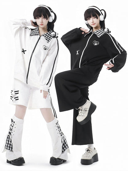 White Plaid Pattern Lace-up Details Leg Warmers