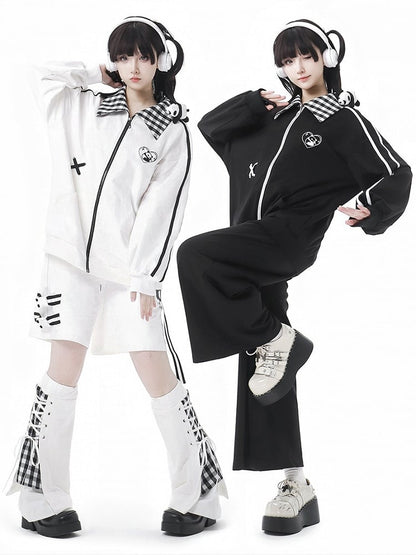 White/Black Heart Panda Embroidered Plaid Pattern Collar Jacket With A Panda Plushie