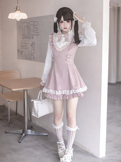 Ryousangata Pink Lace Long Sleeve Dress & Shorts Bow Set - Ekomi