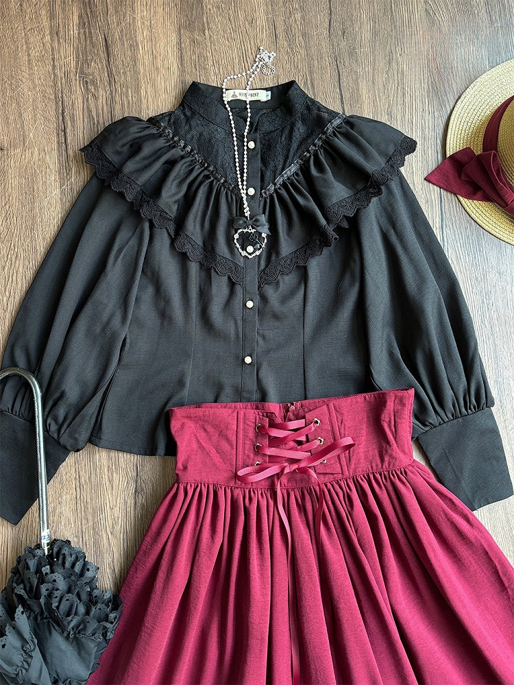 Black Edward Neck Lolita Blouse with Bead-Accented Cuffs