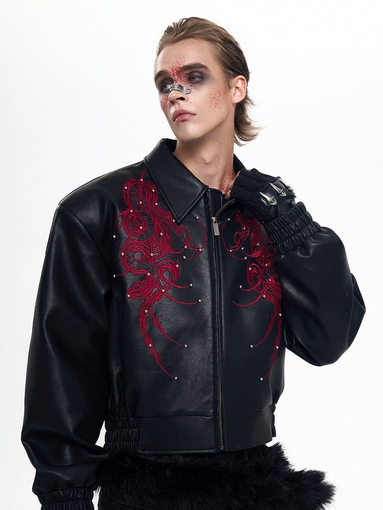 Embroidery Cropped Details with Men's Jacket Studded Thorn PU Black Snake