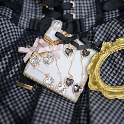 Black/Dusty Ear Jirai Kei Chain Bow Rhinestone Beaded Clips Pink