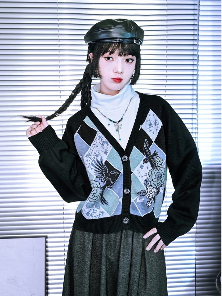 Knit Pattern Multi-Color Cardigan with Cheongsam Black Print V-Neck Jacquard Diamond Floral