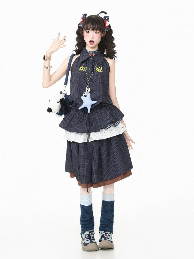 Navy Plaid Peplum Sleeveless Blouse with Flared Hem - Languid Park