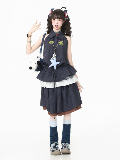 Navy Plaid Peplum Sleeveless Blouse with Flared Hem - Languid Park