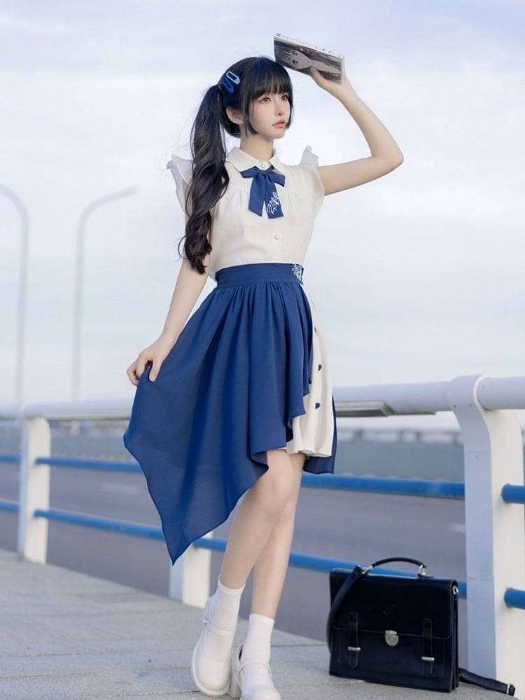 Bow Blue White Blouse Music with Note Flutter Tie Sleeves
