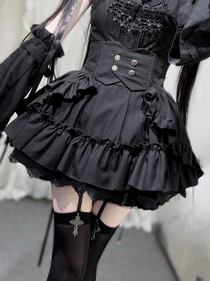 Double-Breasted Ruffle Cascading Gothic Corset Overlay with Belt Black