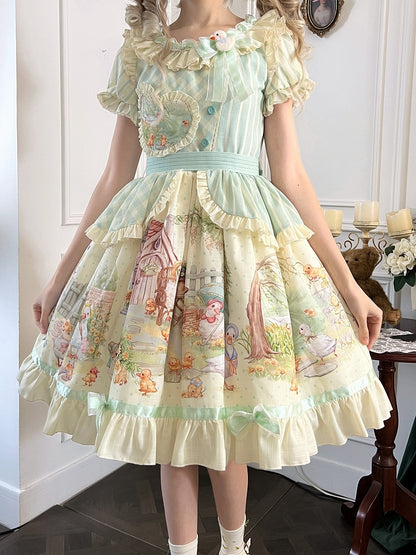 Lolita Short Duckling Sunflower Sweet Print and Sleeves Dress