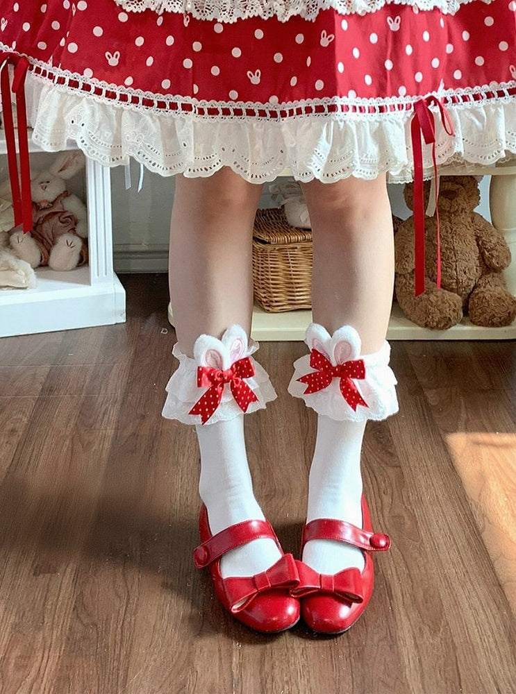 Bunny and Pink Ears with Lolita Bows Polka-dot Socks Calf Butterfly