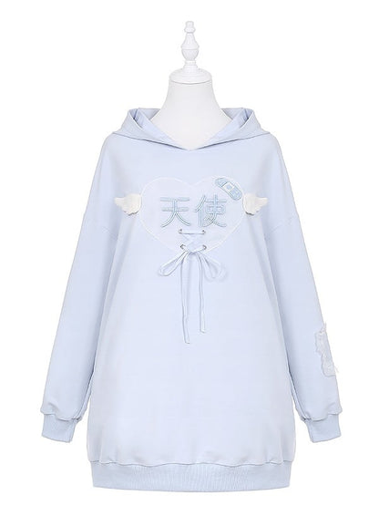 Tenshi Kaiwai Hellblaue Charaktere Schnürdetail Yami Kawaii Hoodie