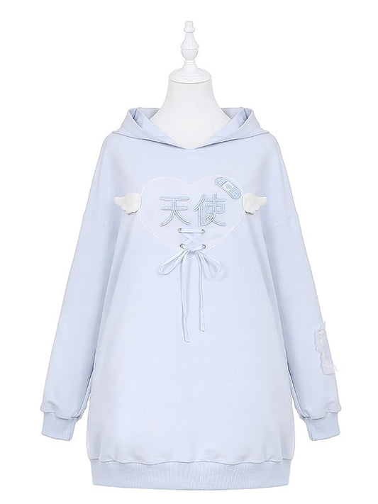 Tenshi Kaiwai Light Blue Characters Lace-up Detail Yami Kawaii Hoodie
